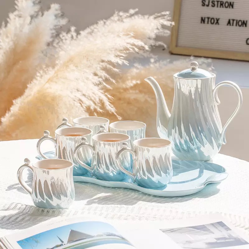 Blue Gradient Tea Pot Set with 6 Cups _ Tray